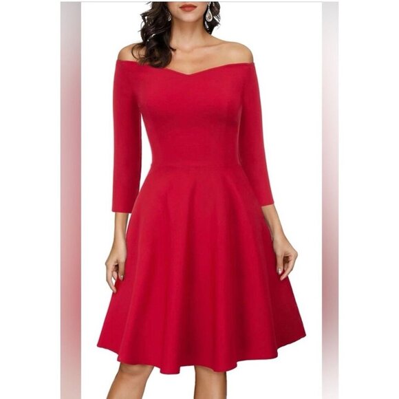 Grace Karin Red Off Shoulder Fit & Flare Pleated Dress Women’s XL Cocktail Party - Picture 2 of 11